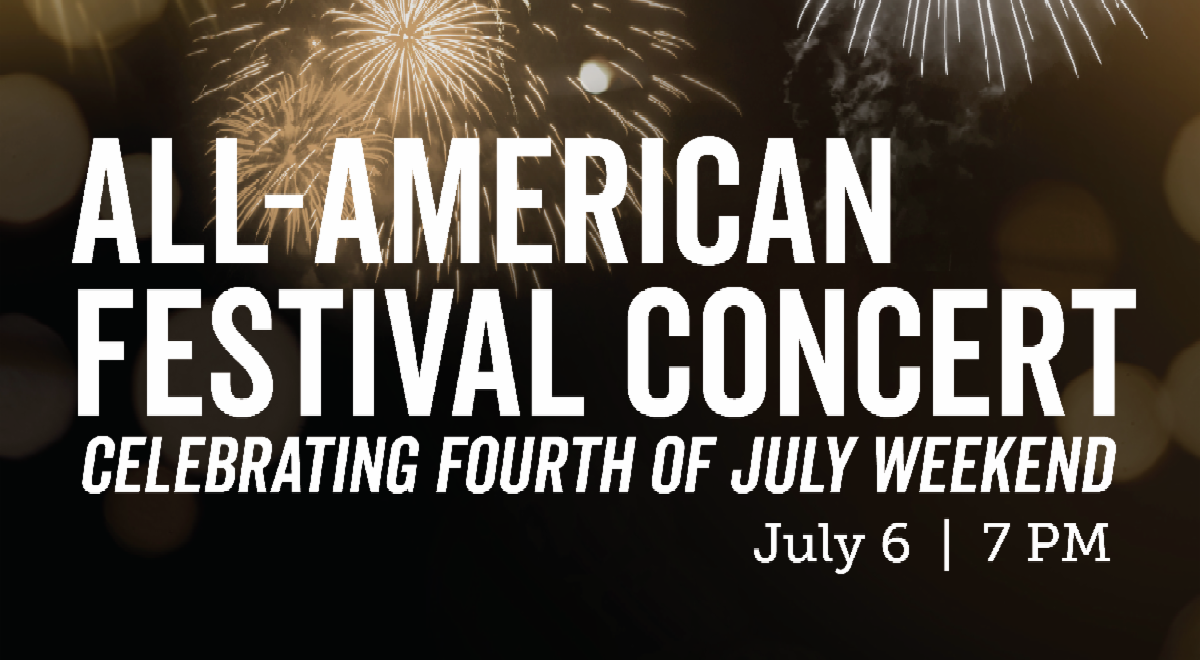 Graphic is black with fireworks. Text says "All American Festival Celebrating Fourth of July"