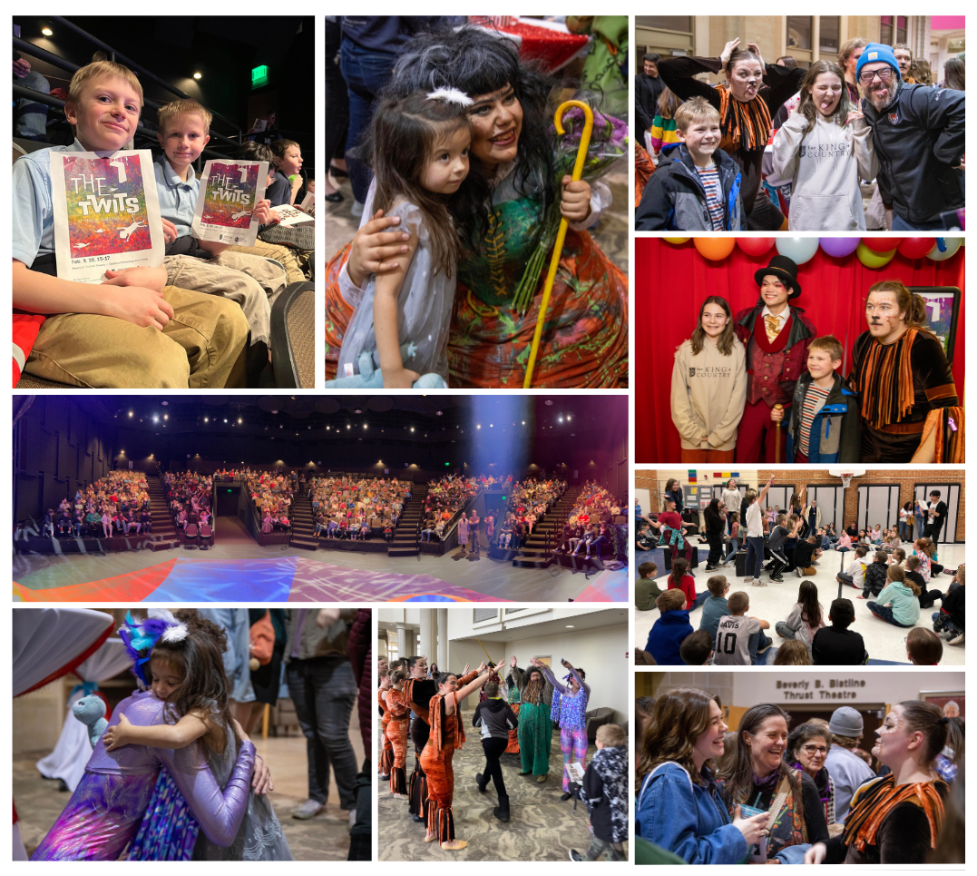 A compilation of photos from The Twits performance and outreach, including actors in costumes, students in the audience