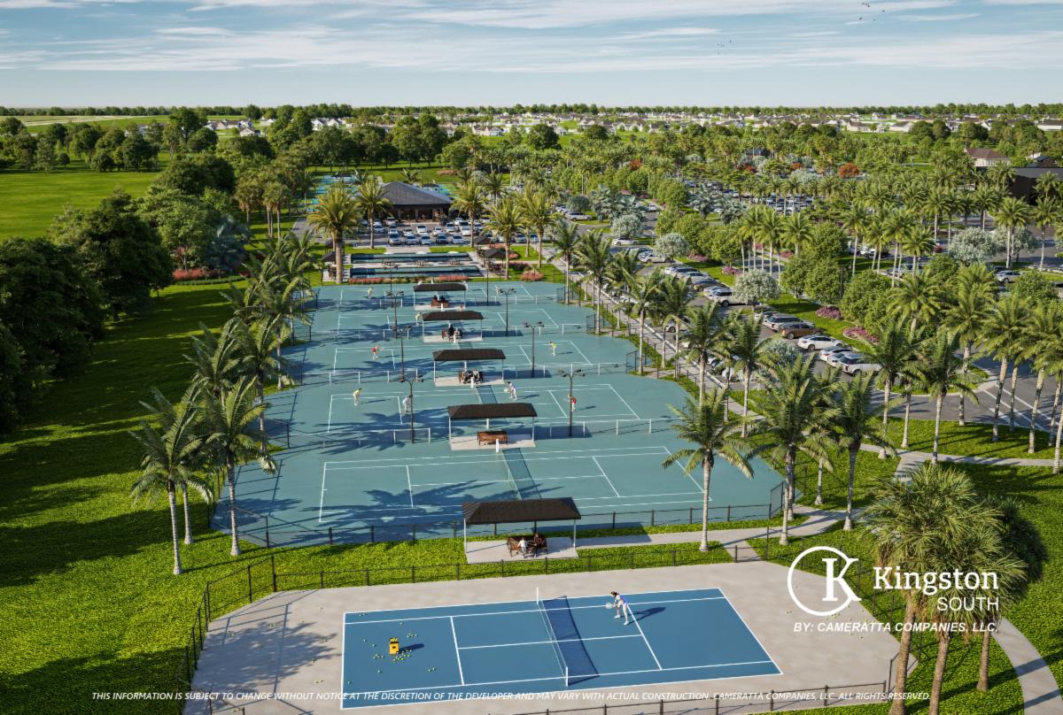 Aerial rendering of tennis courts surrounded by landscaping