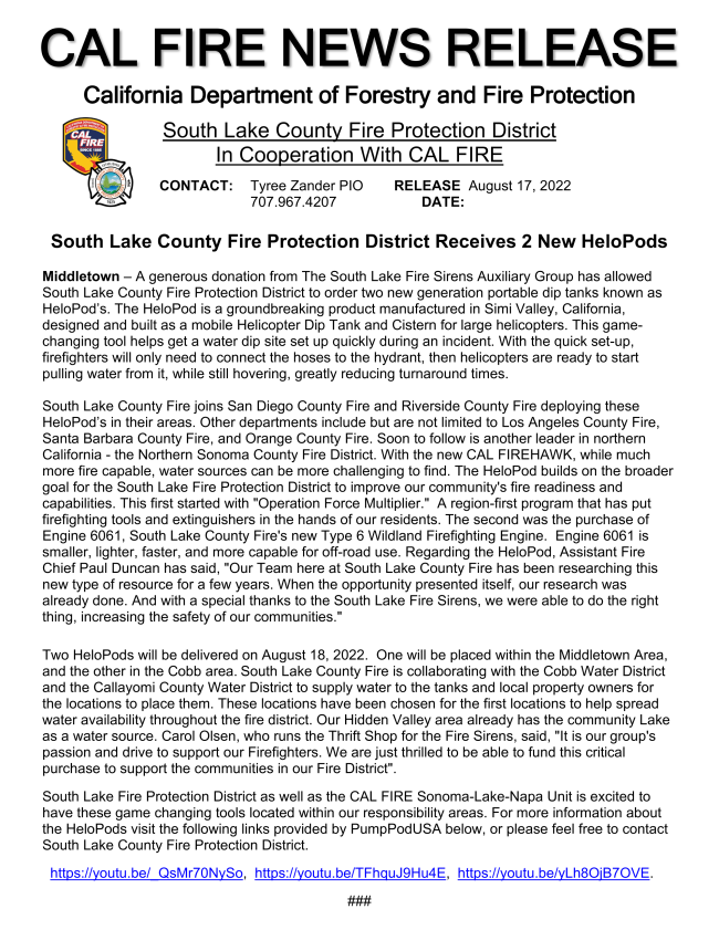 South Lake County Fire Receives 2 New HeloPods