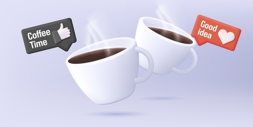 3d render illustration of two cups with coffee in banner composition  icons of like tags with heart and hand