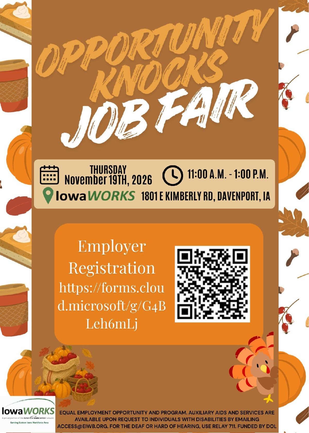Opportunity Knocks Job Fair November 19, 2026 from 11:00 - 1:00 at Davenport IowaWORKS