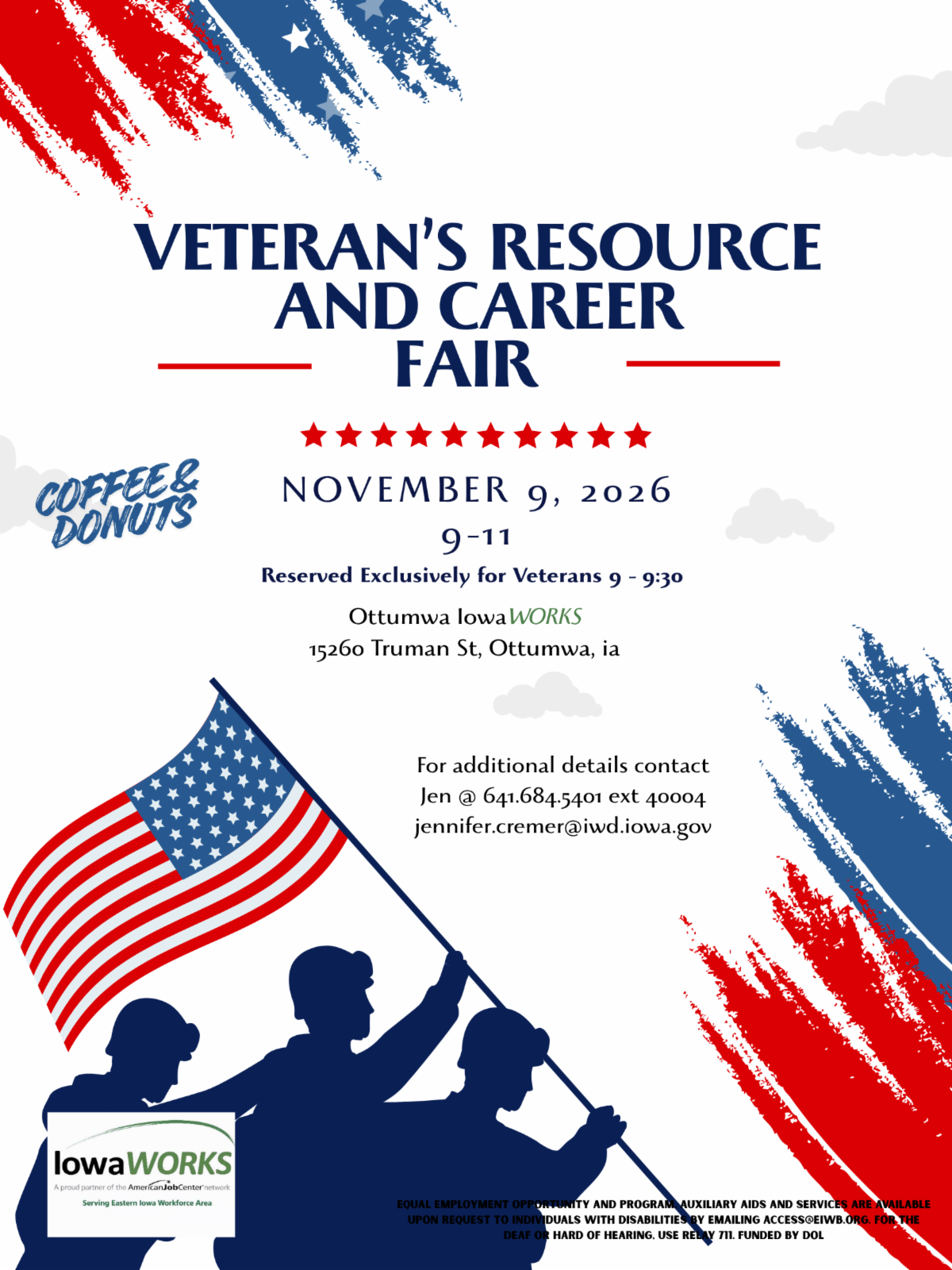 Veteran's Resource and Career Fair November 9, 2026 from 9:00 - 1:00 at Ottumwa IowaWORKS