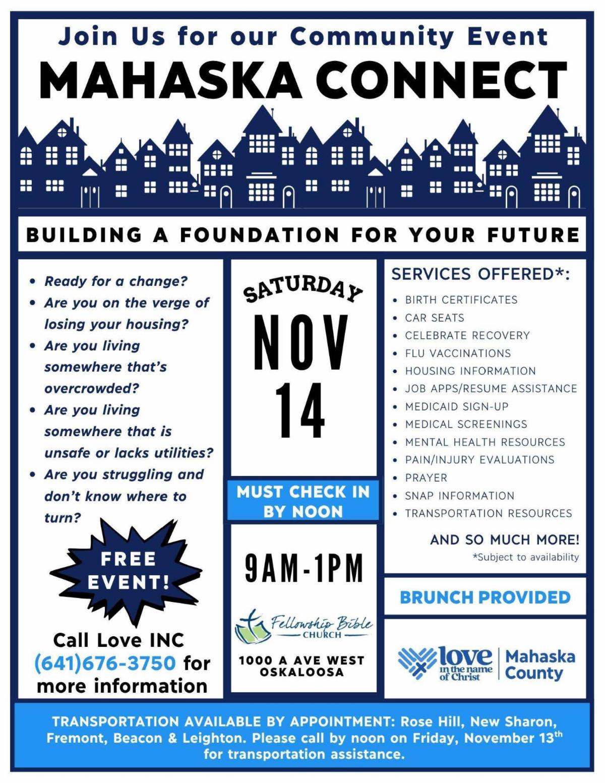 Mahaska Connect Community Event November 14, 2026 from 9:00 - 1:00 at 1000 A Ave West Oskaloosa