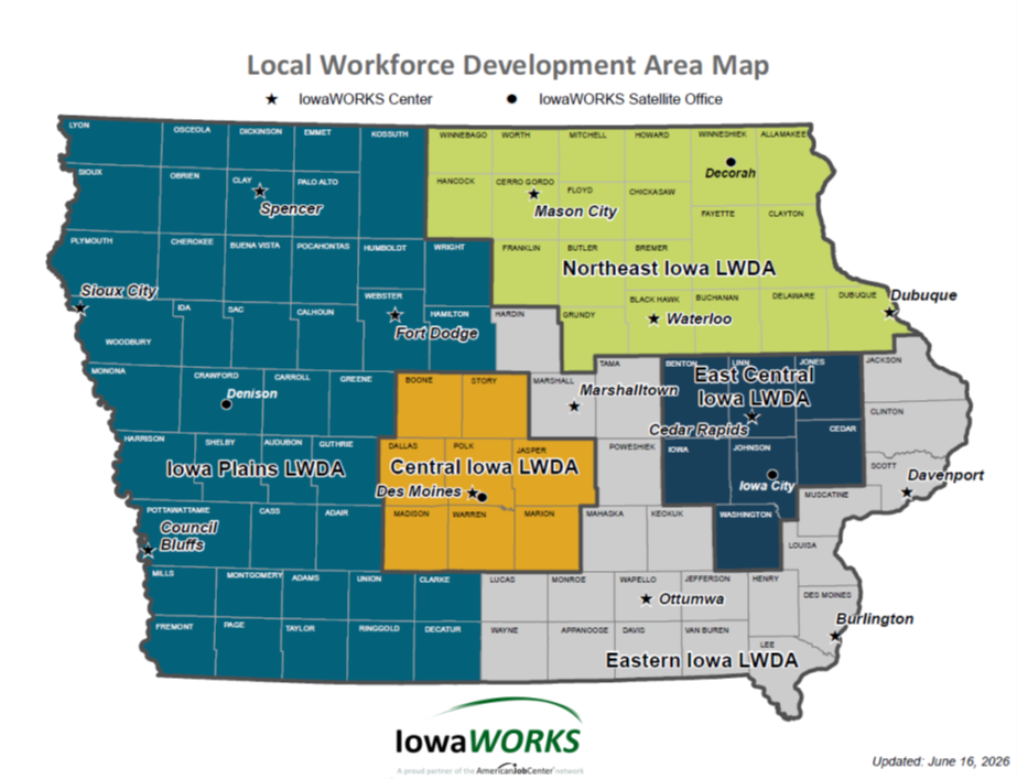 Updated Iowa Local Workforce Development Area Map