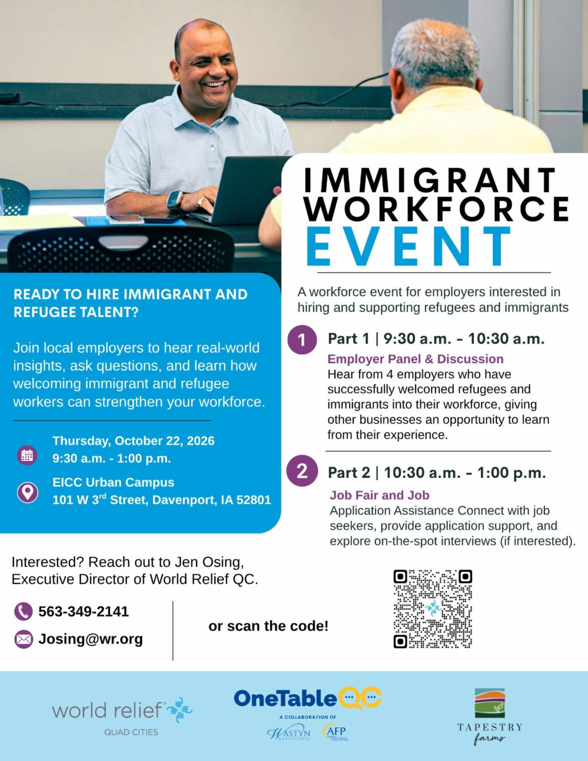 Immigrant Workforce Event October 22, 2026 at EICC Urban Campus. Employer Panel from 9:30 - 10:30 followed by job fair from 10:30 - 1:00