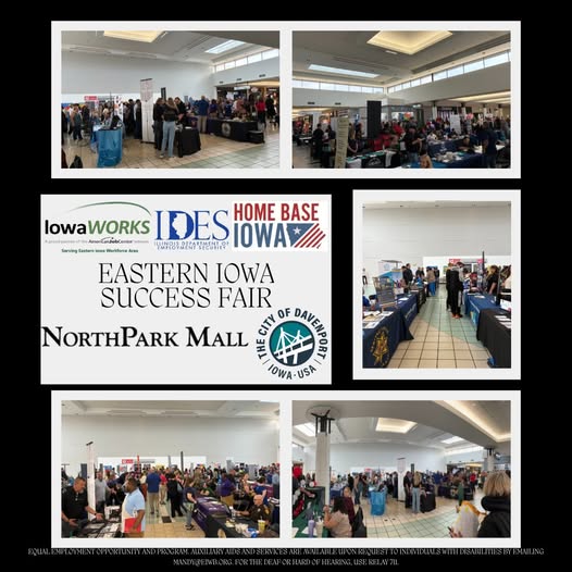 Photo collage from Eastern Iowa Success Fair at Northpark Mall in Davenport. Crowds of jobseekers speaking with employers and other vendors.