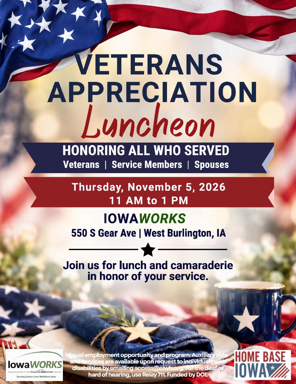 Veteran Appreciation Luncheon November 5, 2026 from 11:00 - 1:00 at Burlington IowaWORKS