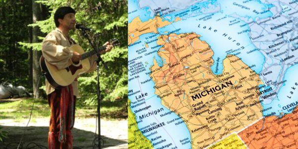 storyteller genot picor next to a map of michigan