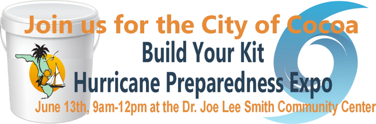White Bucket with City of Cocoa logo, hurricane graphic, and date, time, and location of the expo