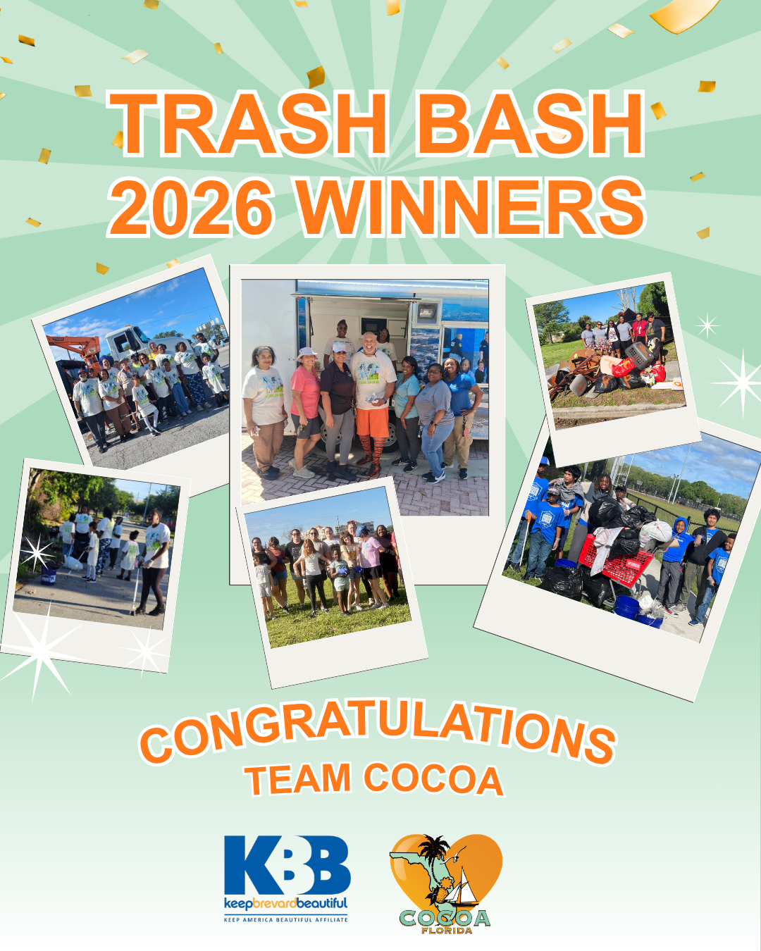 Graphic celebrating “Trash Bash 2026 Winners” with a green burst background and confetti. A collage of photos shows diverse volunteers from Team Cocoa smiling, posing together, and collecting large amounts of trash in bags and piles outdoors. Text reads “Congratulations Team Cocoa,” alongside Keep Brevard Beautiful and City of Cocoa logos.