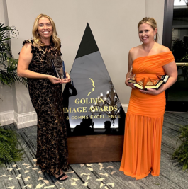 Samanatha and Jaime holding awards at the Florida Public Relations Association Awards Gala
