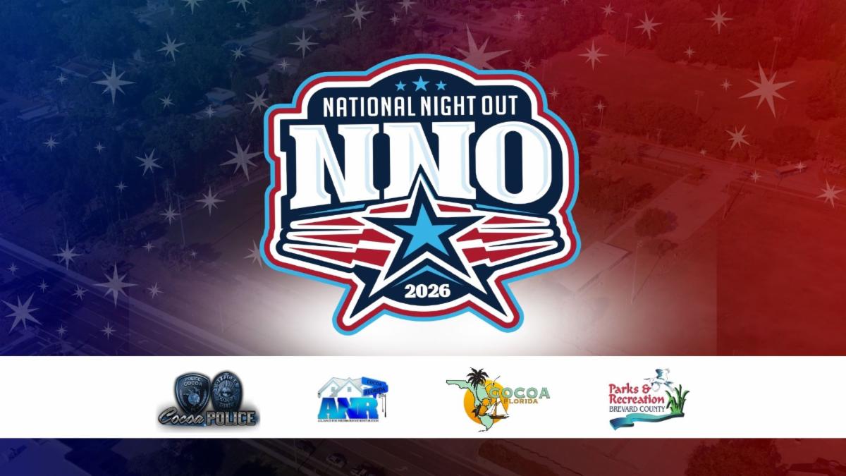 Promotional graphic for National Night Out 2026, featuring a large red, white and blue National Night Out logo over an aerial view of the community. Partner logos along the bottom include the Cocoa Police Department, Alliance for Neighborhood Restoration, City of Cocoa, and Brevard County Parks & Recreation.