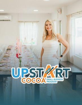 Jessica standing in front of a decorated table with the UpStart Cocoa logo overlaid on the photo