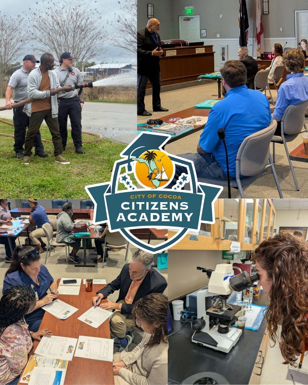 A collage promoting the City of Cocoa Citizens Academy. The images show participants learning about local government and City services, including practicing with a fire hose alongside Cocoa Fire Rescue personnel, listening to a presentation in the City Council Chambers, collaborating during a classroom activity, and examining a microscope during a laboratory demonstration. The City of Cocoa Citizens Academy logo is displayed in the center of the collage.