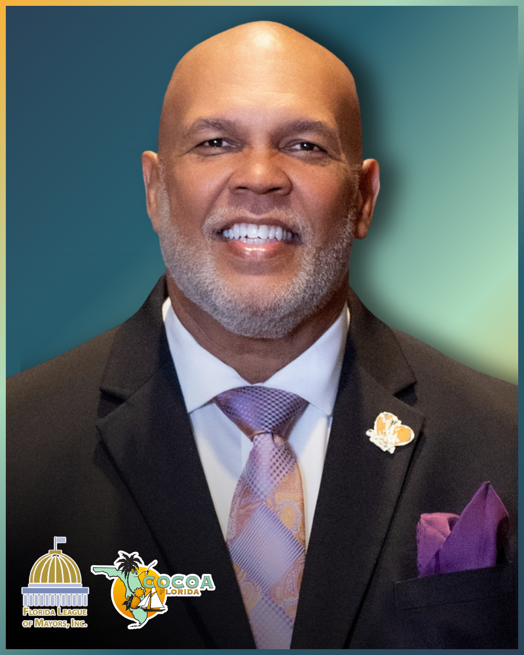 Portrait of Mayor Blake with Florida League of Mayors logo and City of Cocoa logo