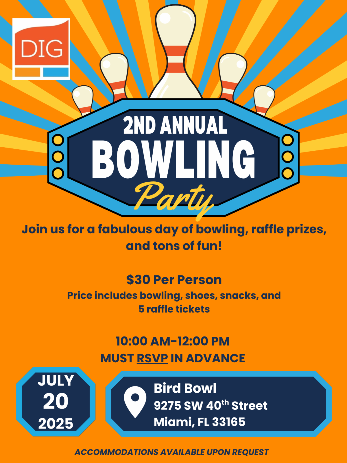 DIG Bowling Event Flyer on orange background with blue text and bowling pins at the top