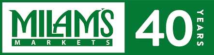 Milam's Markets Logo in Green and White Text with 40 years written on the right side