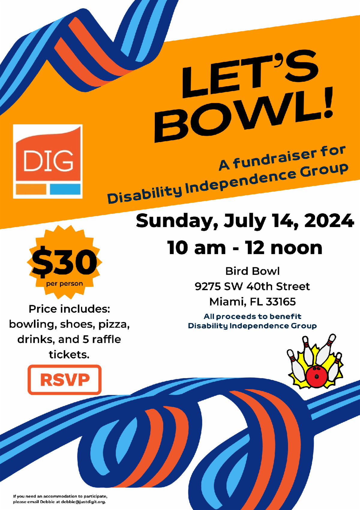 DIG Bowling Event Flyer with DIG Logo Black Text on White Background