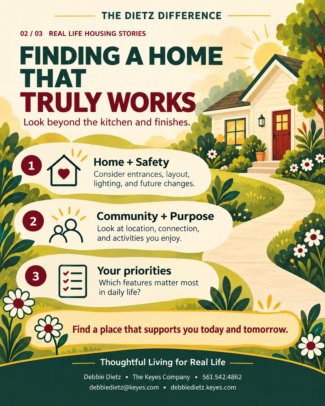 infographic that says finding a home that truly works look beyond the kitchen and finishes. find a place that supports you today and tomorrow.