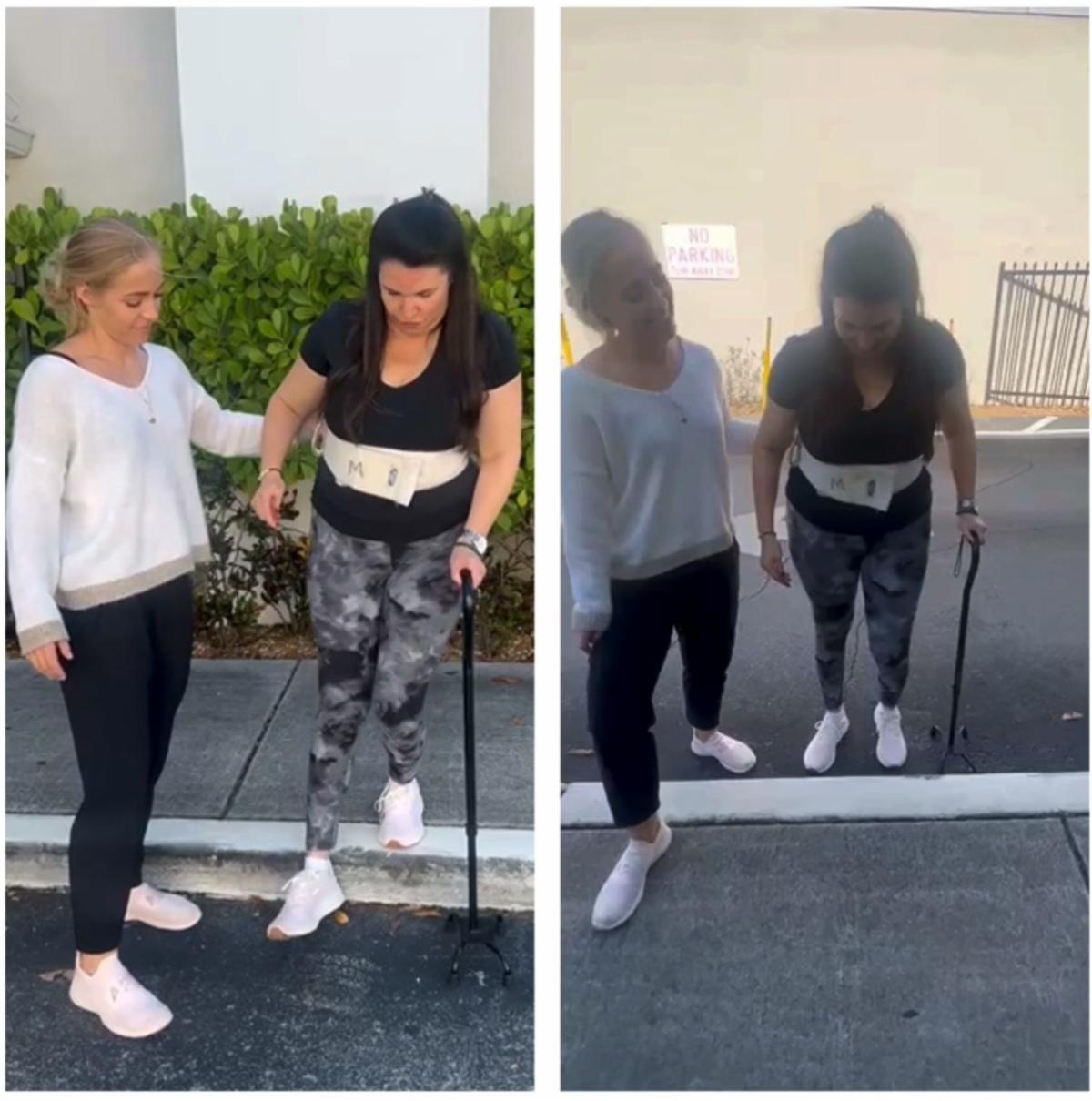 Image of Justine stepping on and off a curb using a cane