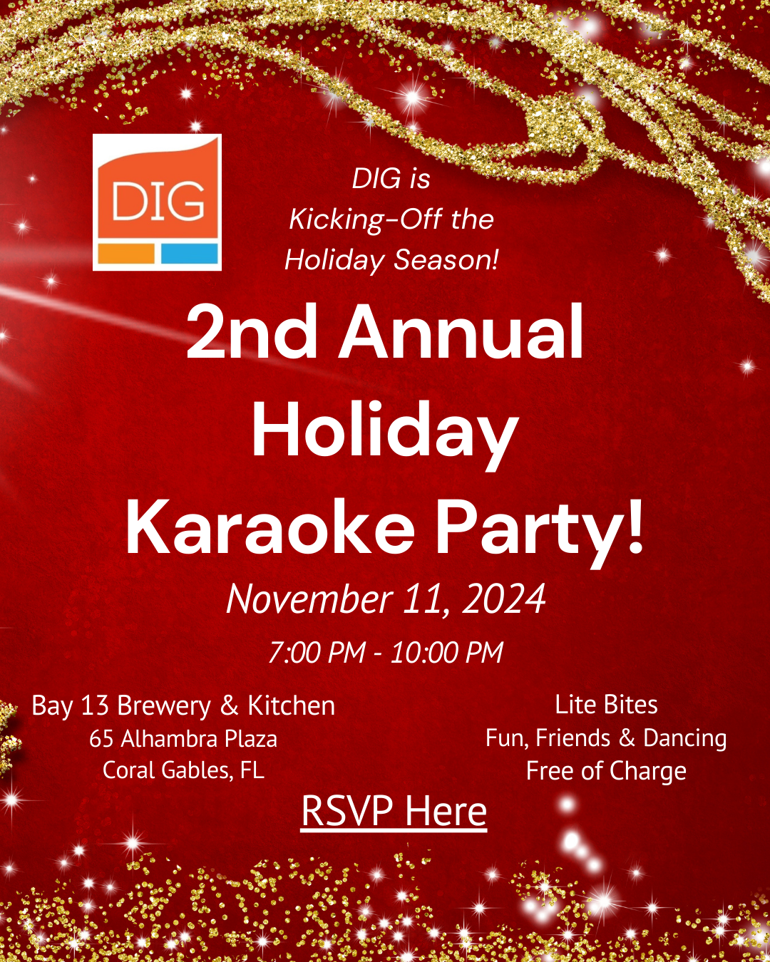 DIG Holiday Party Flyer on Red Background with White Text