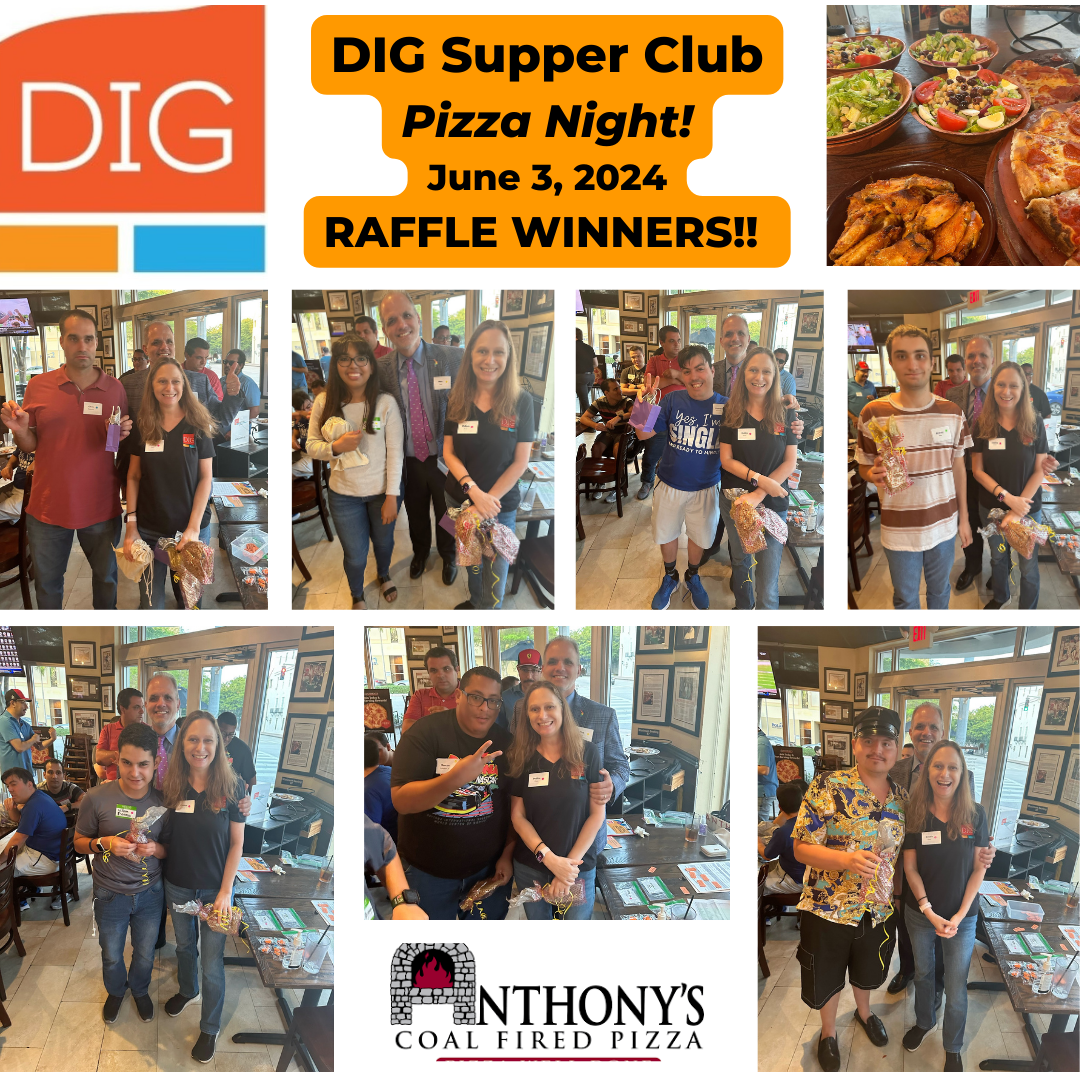 Photo Collage of DIG Supper Club Pizza Night Raffle Winners with DIG and Anthony's Coal Fired Pizza Logos