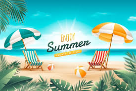 Clipart photo of beach with umbrellas and text enjoy summer