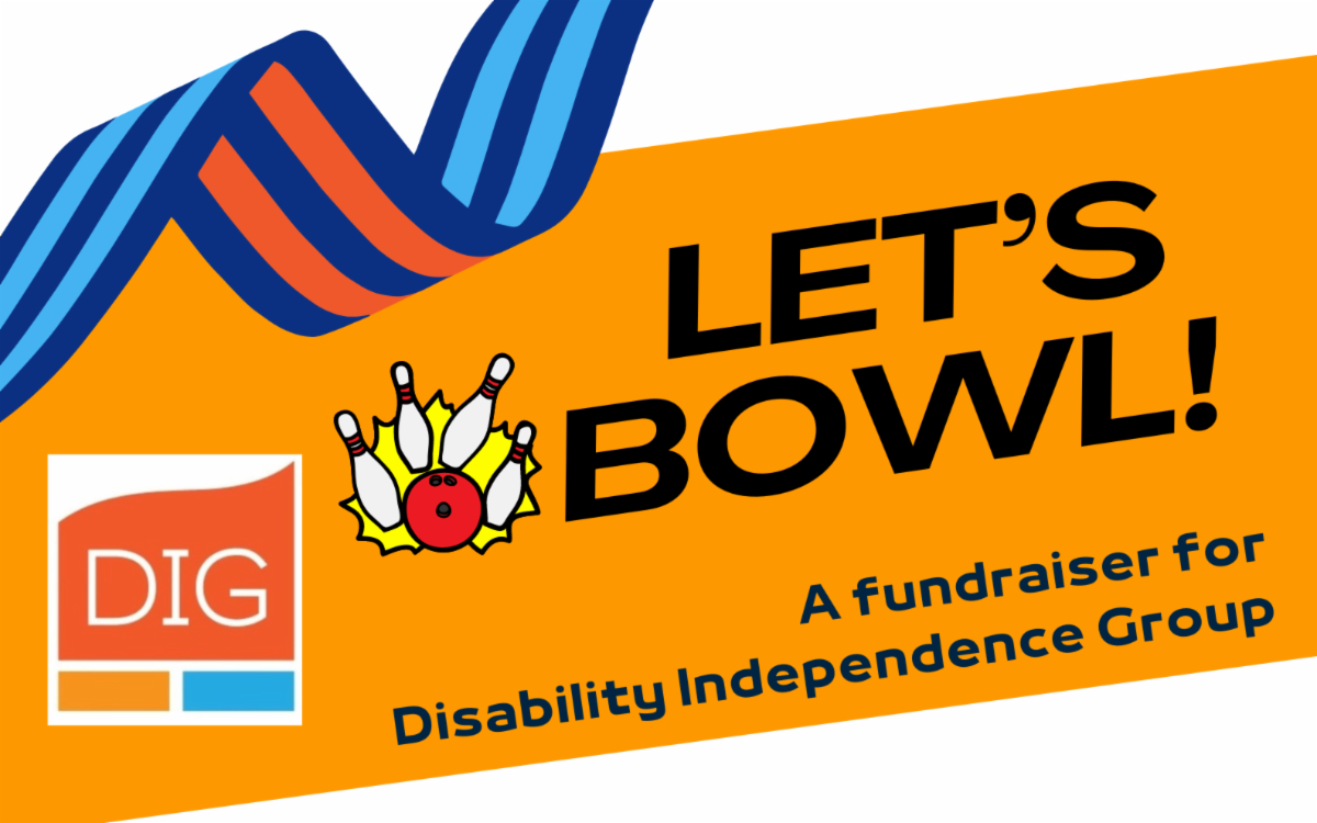Let's Bowl written in black text on orange background with DIG logo in the left corner and bowling clip art