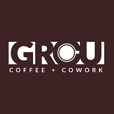 Grou Coffee Logo in White Text on Brown Background