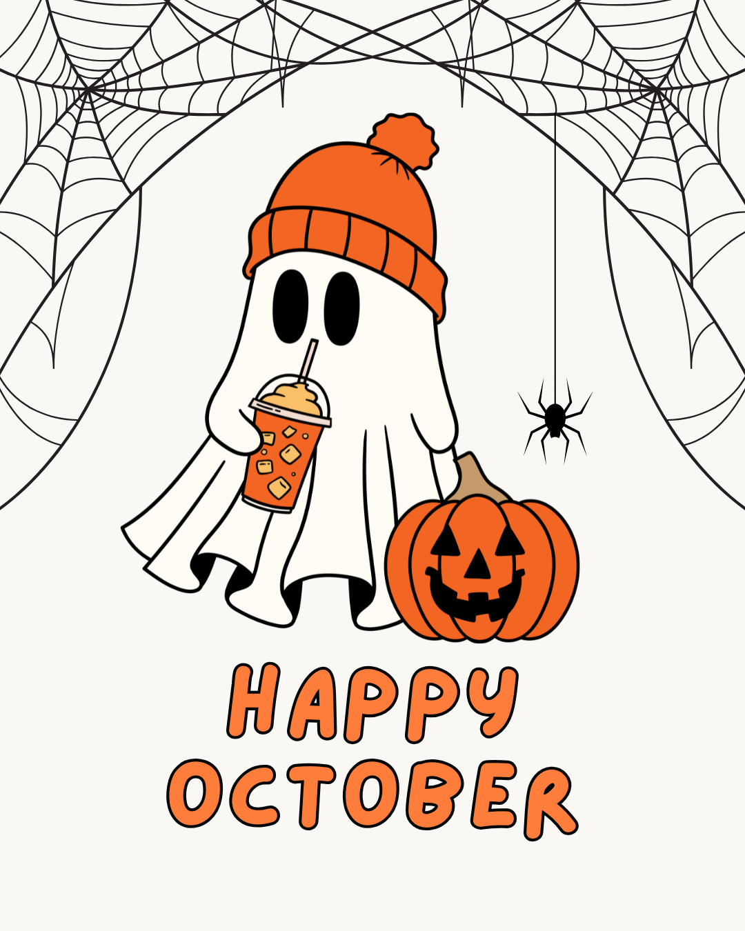 a ghost drinking a latte and holding a pumpkin treat or treat basket with spiderwebs in the background