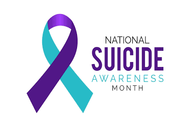 Purple and blue ribbon with the text National Suicide Awareness Month on the right hand side