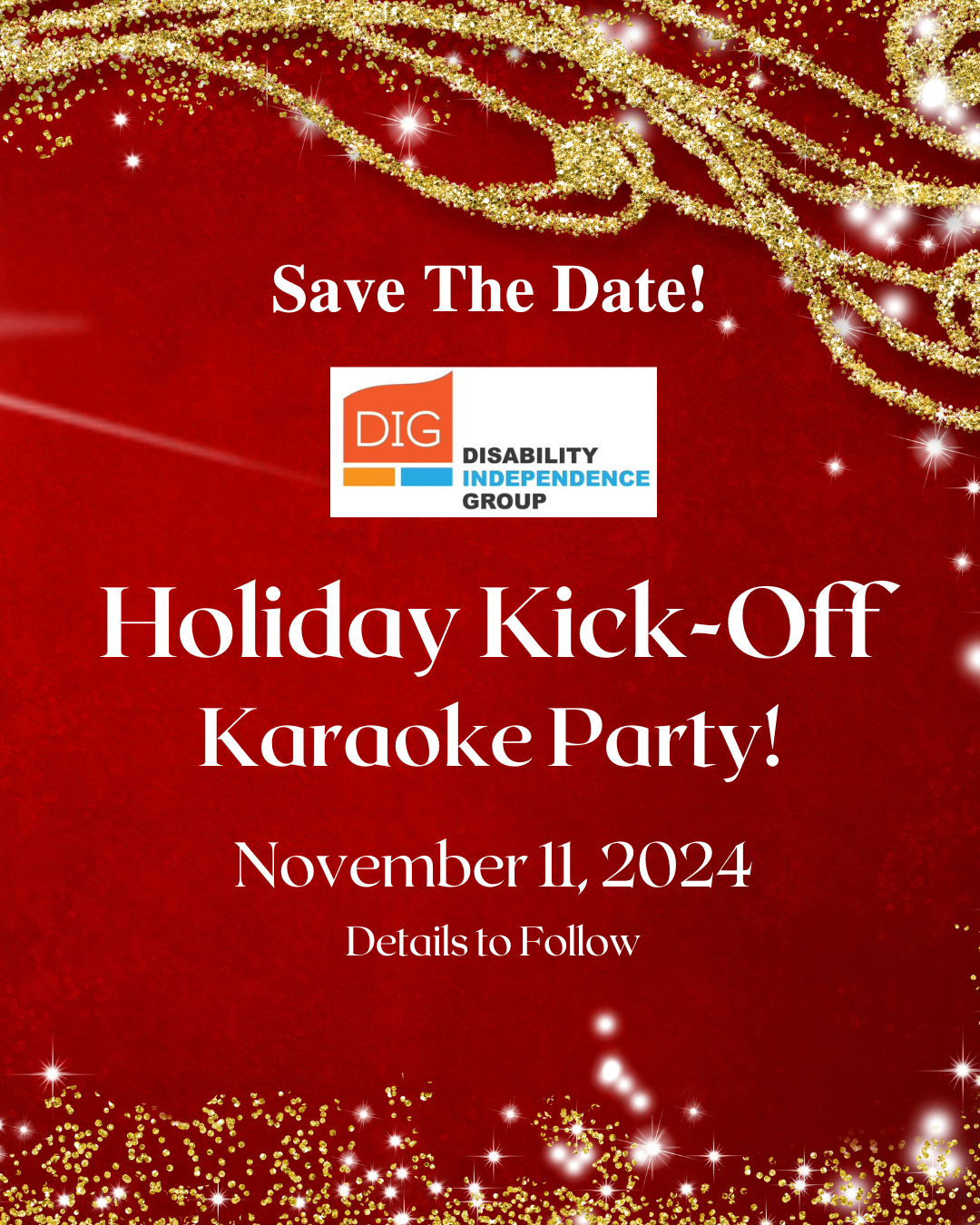 DIG Holiday Kick off Party Save the Date on Red background with gold text and holiday lights