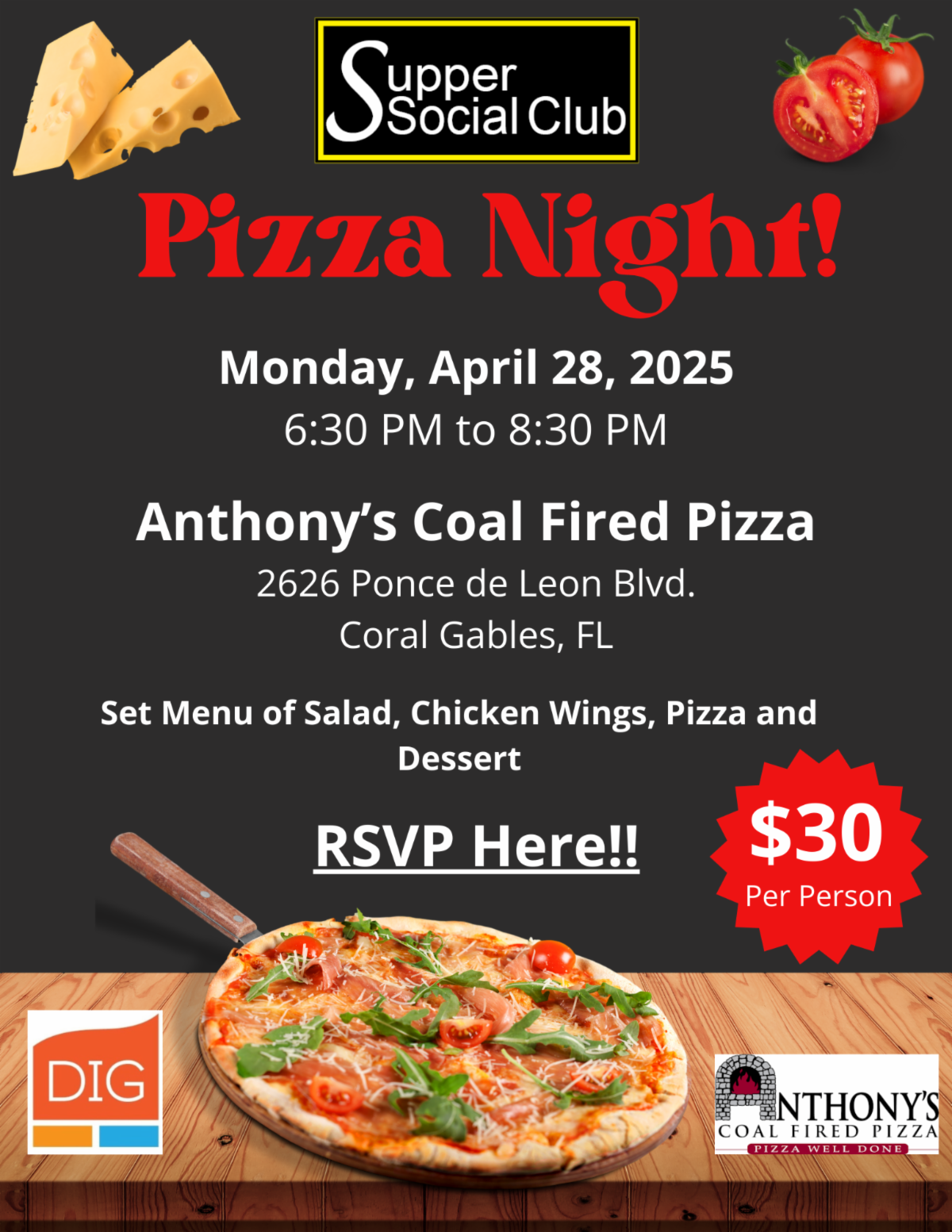 DIG Pizza Night Flyer for April on Black Background with red and white text and photo of pizza at the bottom