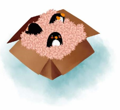 A colored drawing of an open box with 3 small penguins surrounded by stuffing.