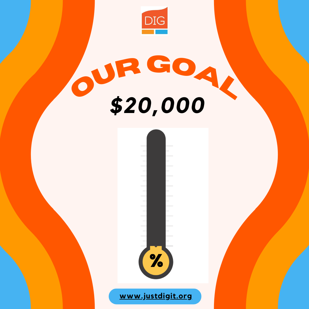 rainbows on both sides with a fundraising thermometer in the middle and the words our goal