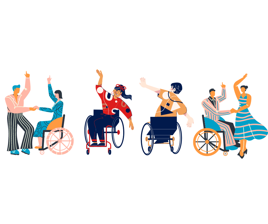 Clip Art of two couples and two individuals with different disabilities dancing