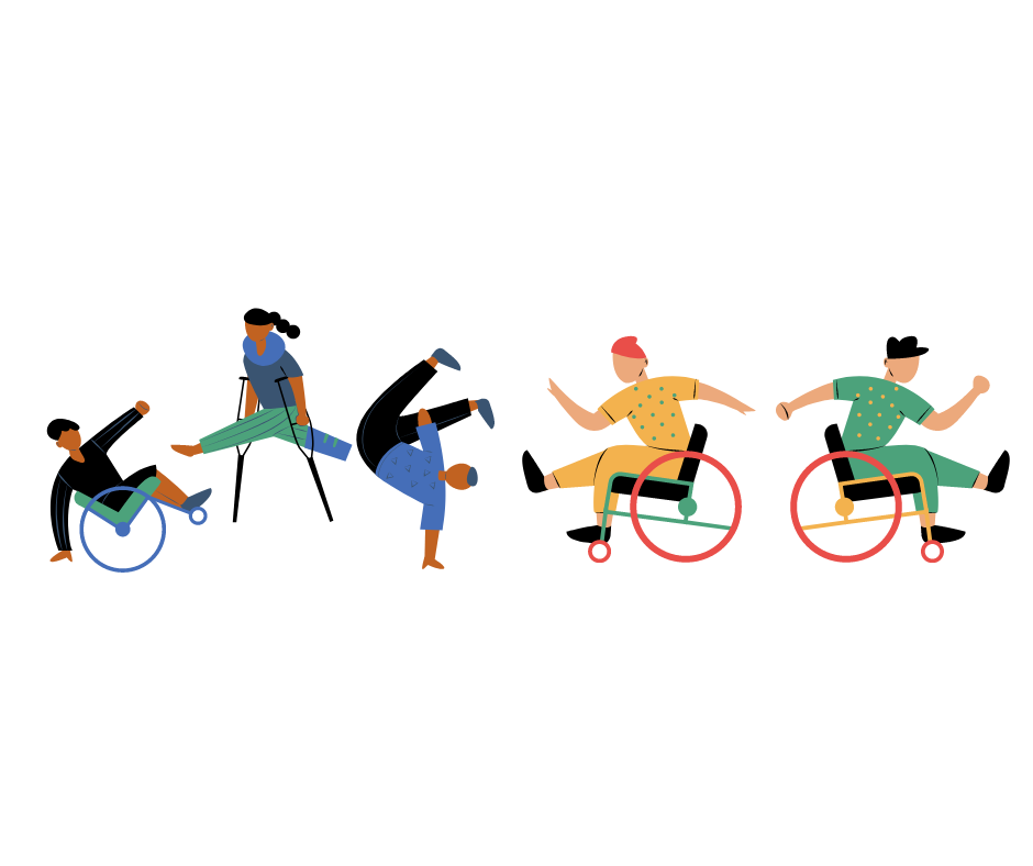 Clip Art of five individuals with different disabilities dancing