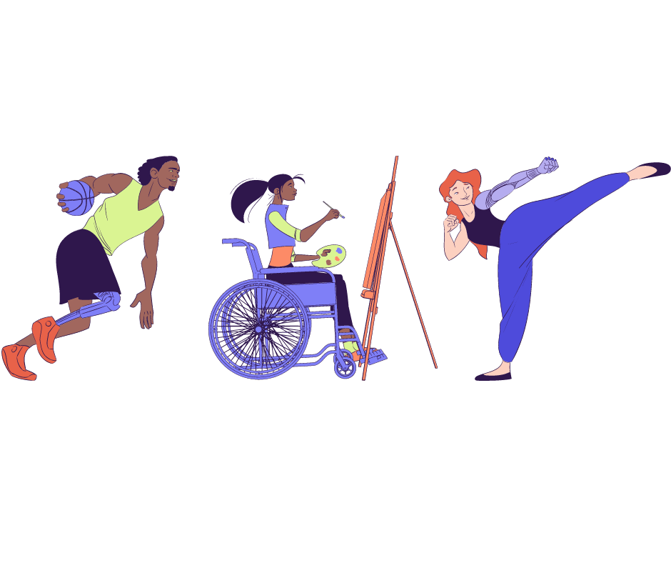 Clip Art of one individual playing basketball and one painting and one doing karate all with different disabilities
