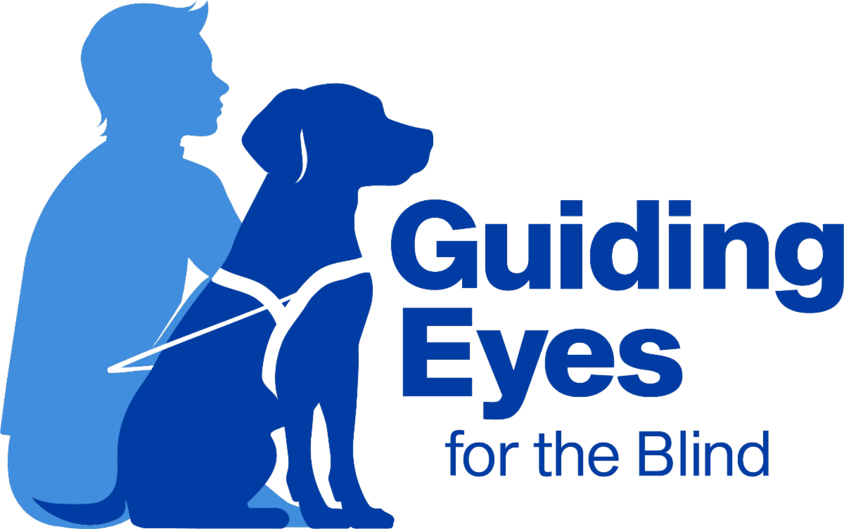 Logo image features a side silhouette of a person sitting next to a Lab guide dog in harness. The guide dog is in front and they are both looking in the same direction. To the right of is Guiding Eyes for the Blind
