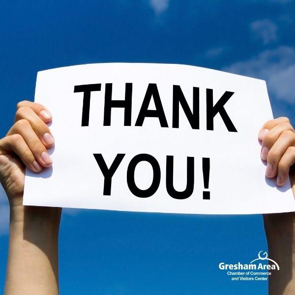 Thank you from the Gresham Area Chamber of Commerce and Visitors Center
