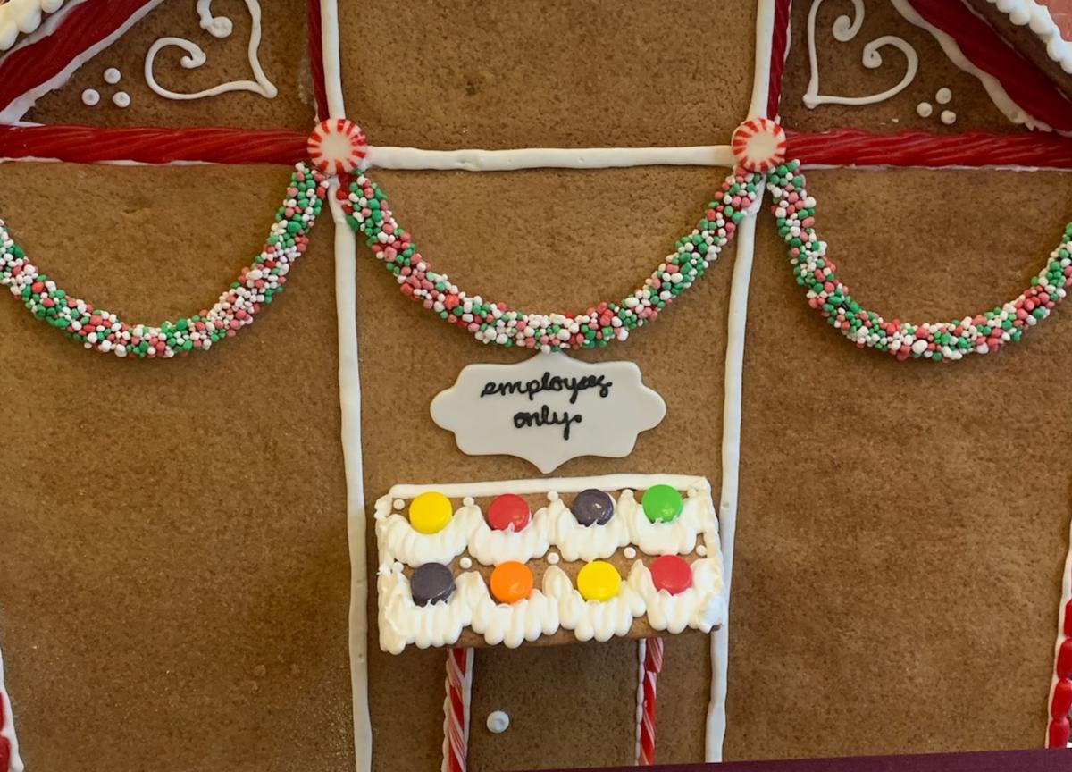 Gingerbread house with Employees Only Door Sign