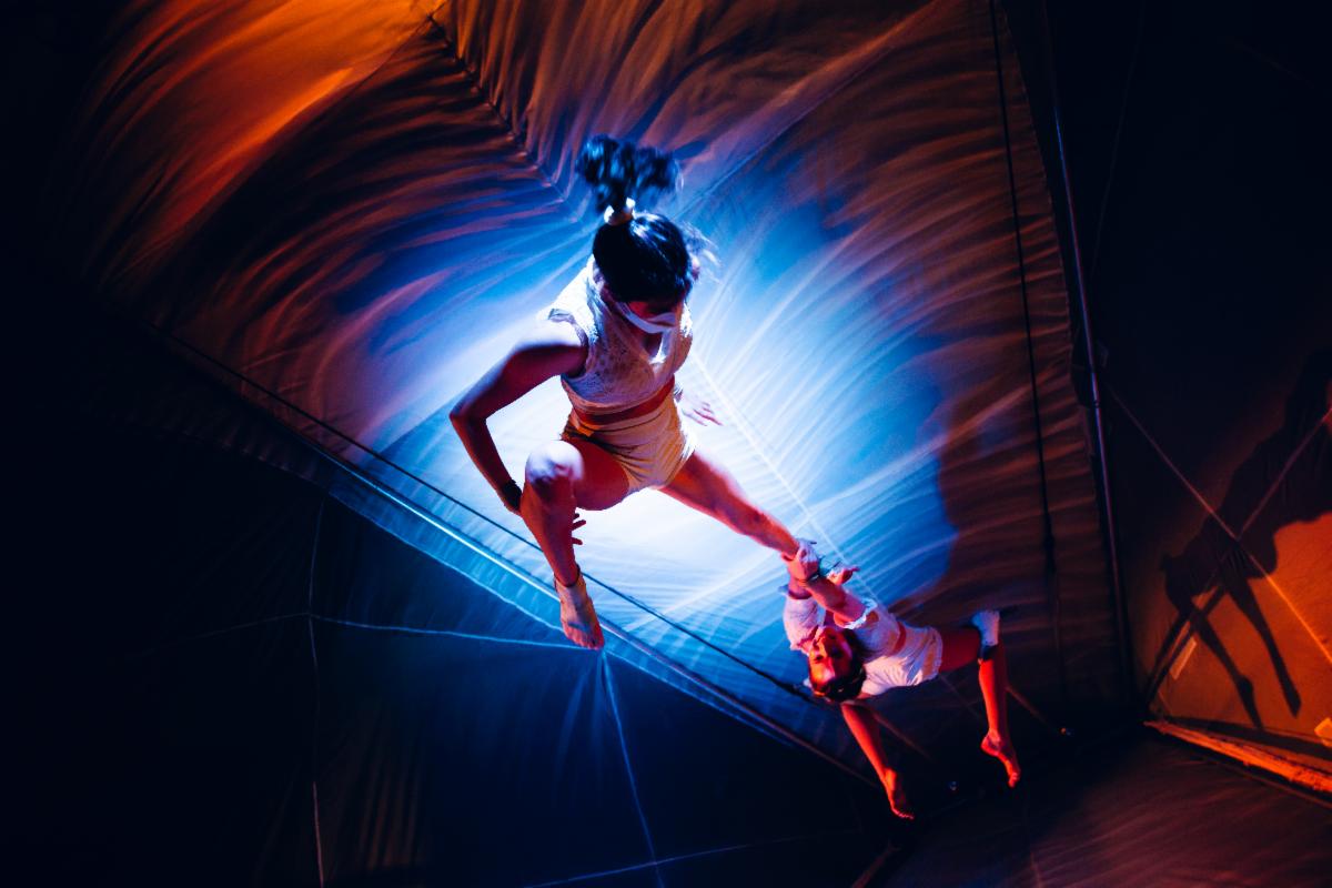 A dancer pictured above suspended in midair