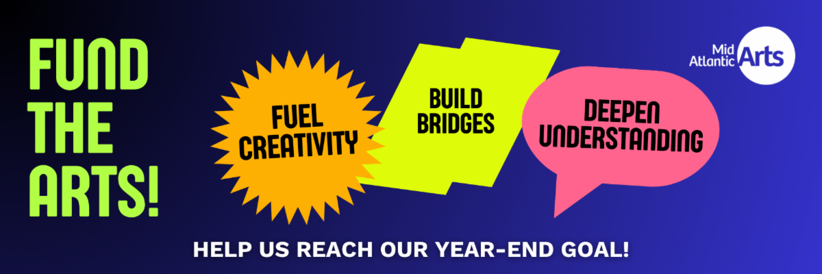 Graphic text bubbles call for donations to Mid Atlantic Arts