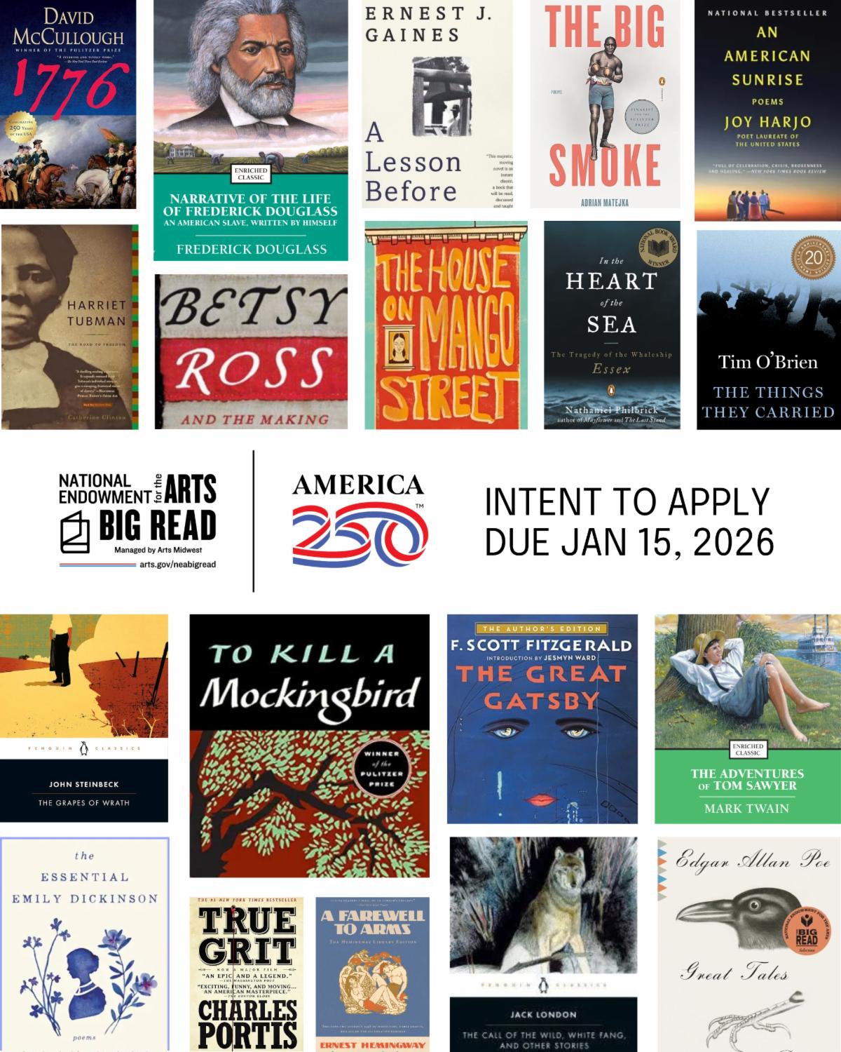 A collage of books around graphic text and the NEA Big Read and America250 logos