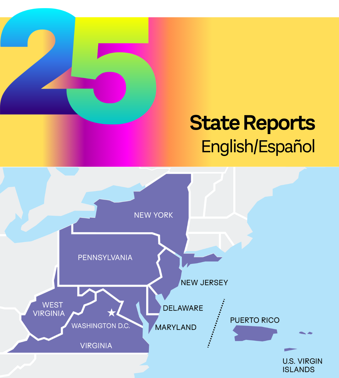 A map of the mid Atlantic region with Mid Atlantic Arts' region highlighted in purple