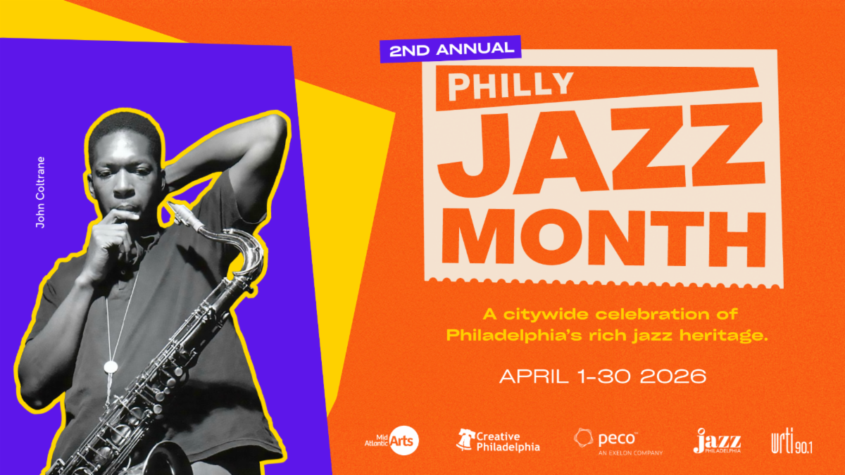 An orange background with a cutout image of John Coltrane holding hands behind his back, with a saxophone around his neck. Graphic text shows sponsors for Philly Jazz Month