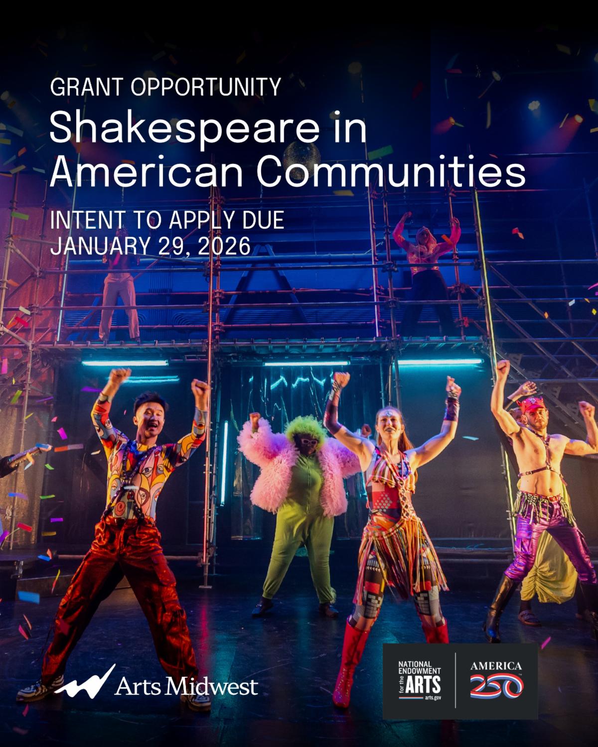 Actors in colorful costumes on a stage with graphic text above