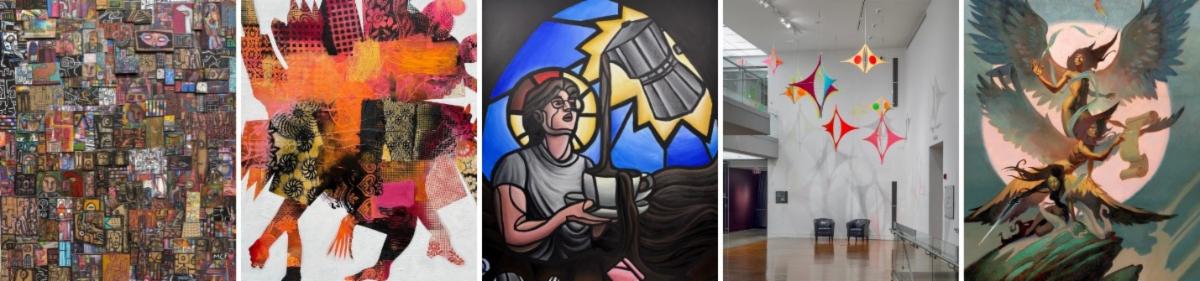 A collage of five different multicolored art pieces beside each other - some paintings, some installations in a museum