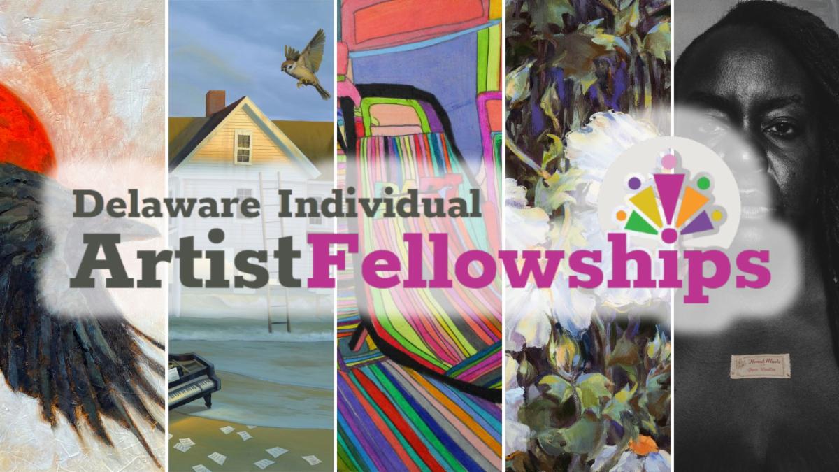 A collage of artworks behind graphic text
